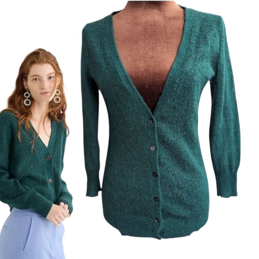 Emerald green mohair wool blend V -neck cardigan 3/4 sleeves size S